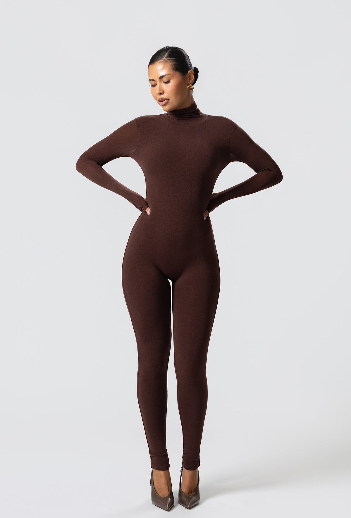 Matte Basix Sculpt Turtle Neck Jumpsuit - Chocolate